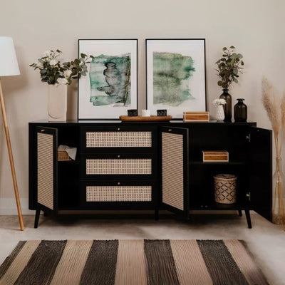 Madia KUTA51A nera 3 cassetti e 3 ante effetto rafia