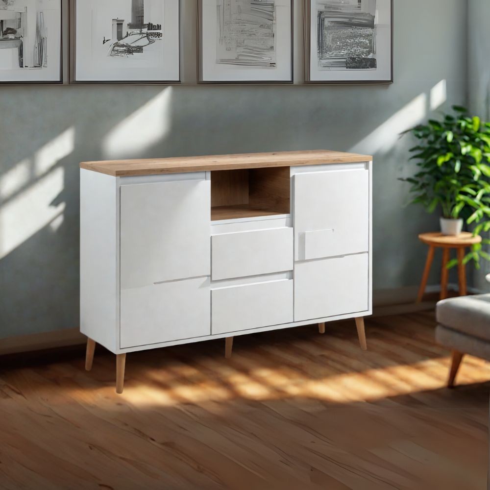 Madia Linz01B 2 ante 2 cassetti con piano e gambe rovere e struttura colore bianco