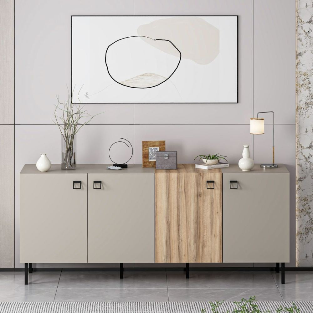 Madia Mila con 3 ante cashmere e 1 anta rovere con maniglie e piedini neri