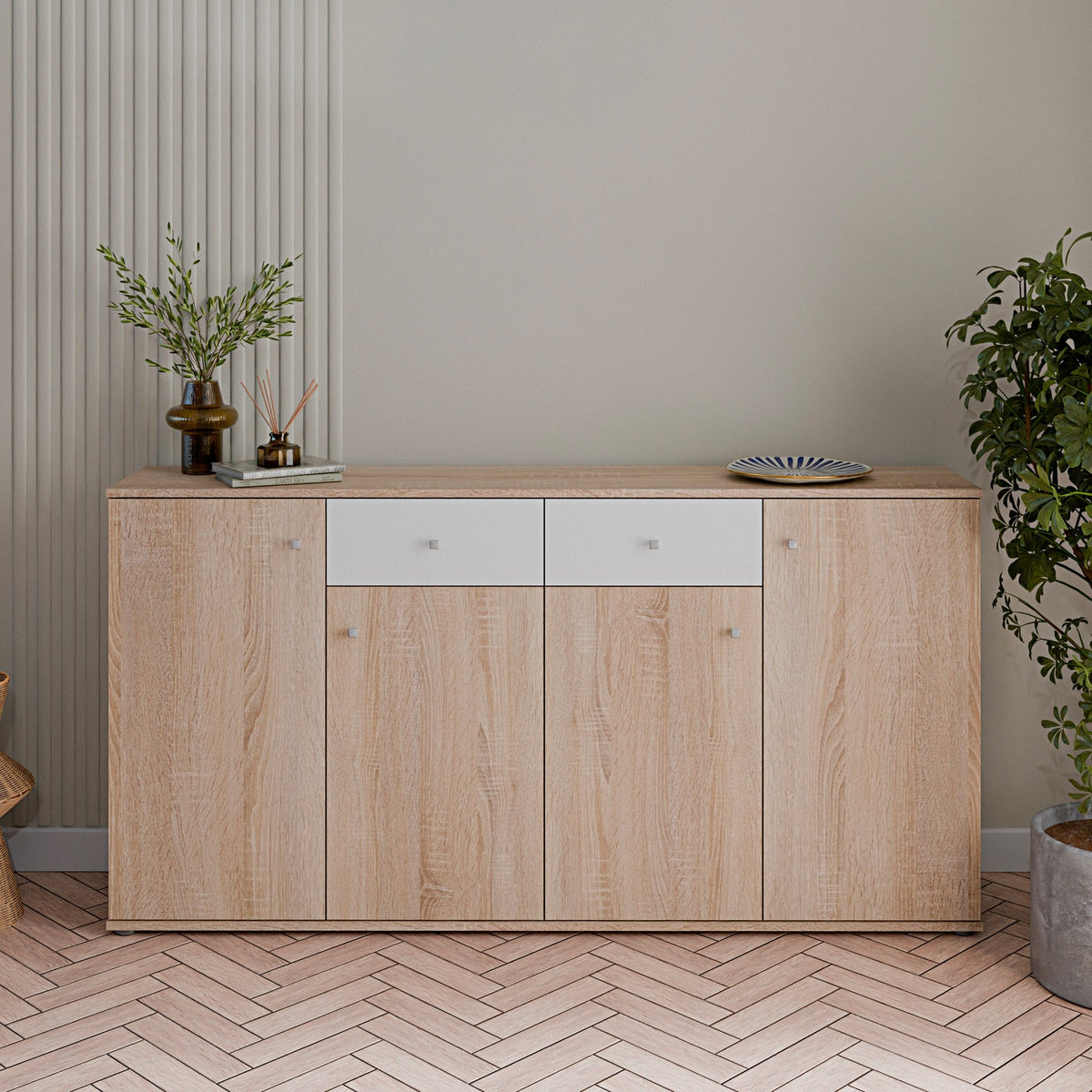 Madia Nilo con 4 ante colore rovere e 2 cassetti colore bianco