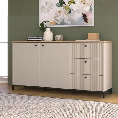 Madia Unit 2 ante e 3 cassetti cannettato L 152.80 x P 41.9 x H 79 cm. colore cashmere con top rovere