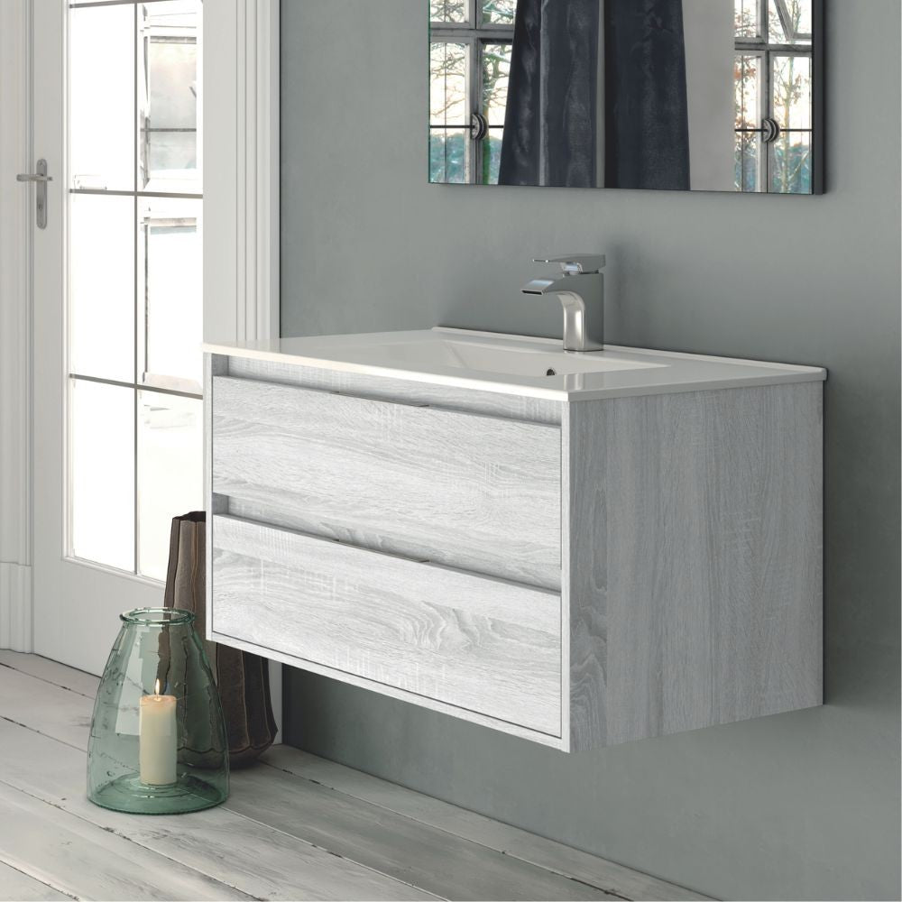 Mobile bagno sospeso Bolton con 2 cassetti 80x45x48 cm colore rovere grigio ghiaccio