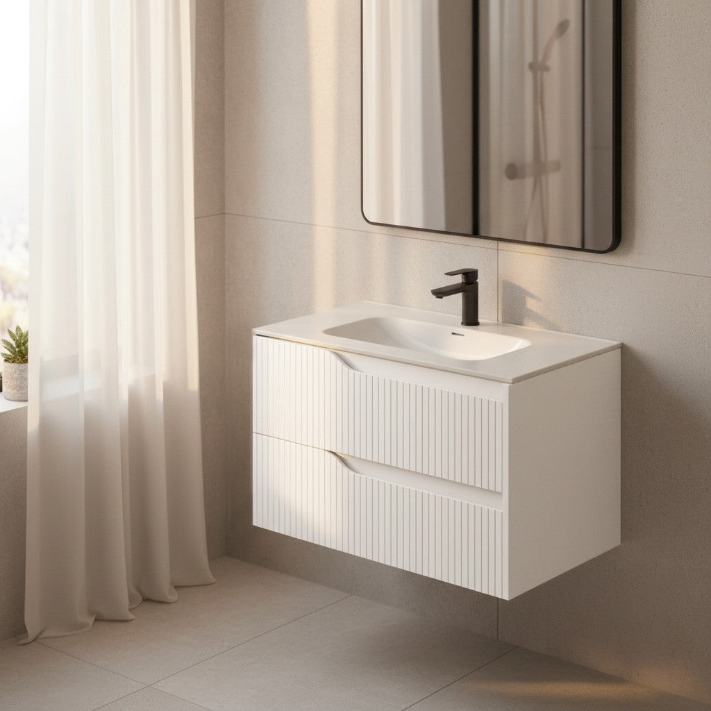 Mobile bagno sospeso Soho con due cassetti effetto cannettato colore bianco opaco 80x45x50 cm.