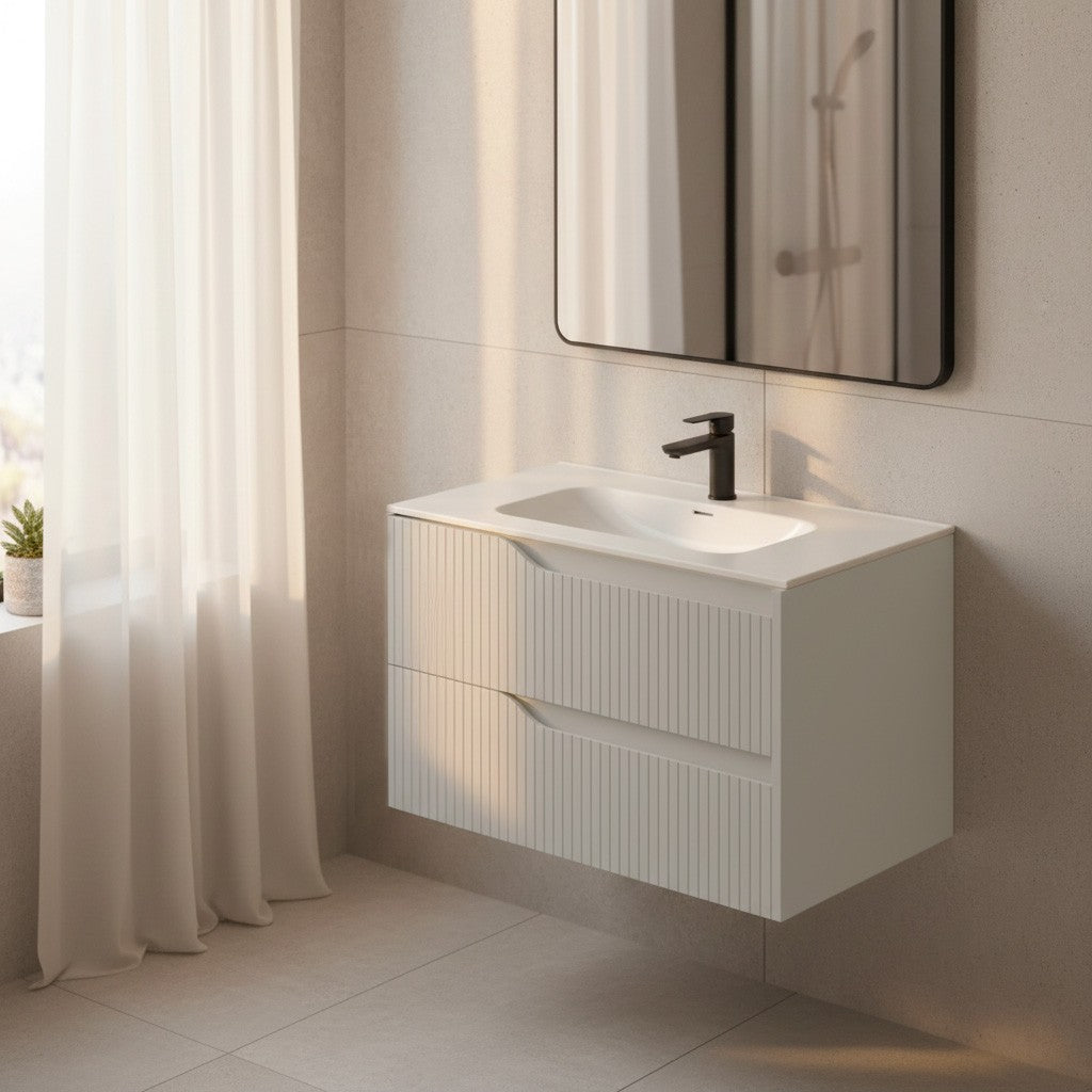 Mobile bagno sospeso Soho con due cassetti effetto cannettato colore cashmere opaco 80x45x50 cm.