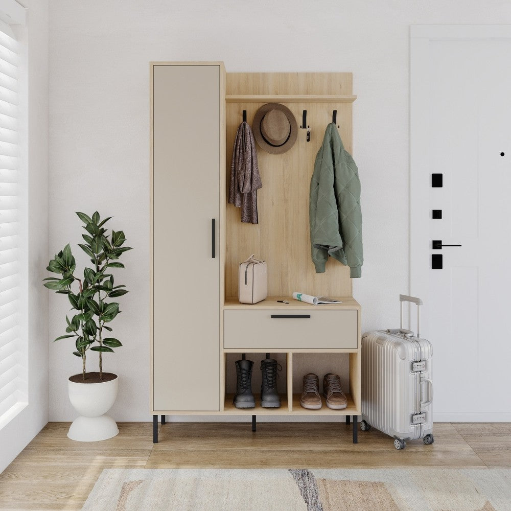 Mobile ingresso Acton con 4 ganci appendi abiti 1 cassetto 1 ante e 2 vani a giorni colore rovere e cashmere