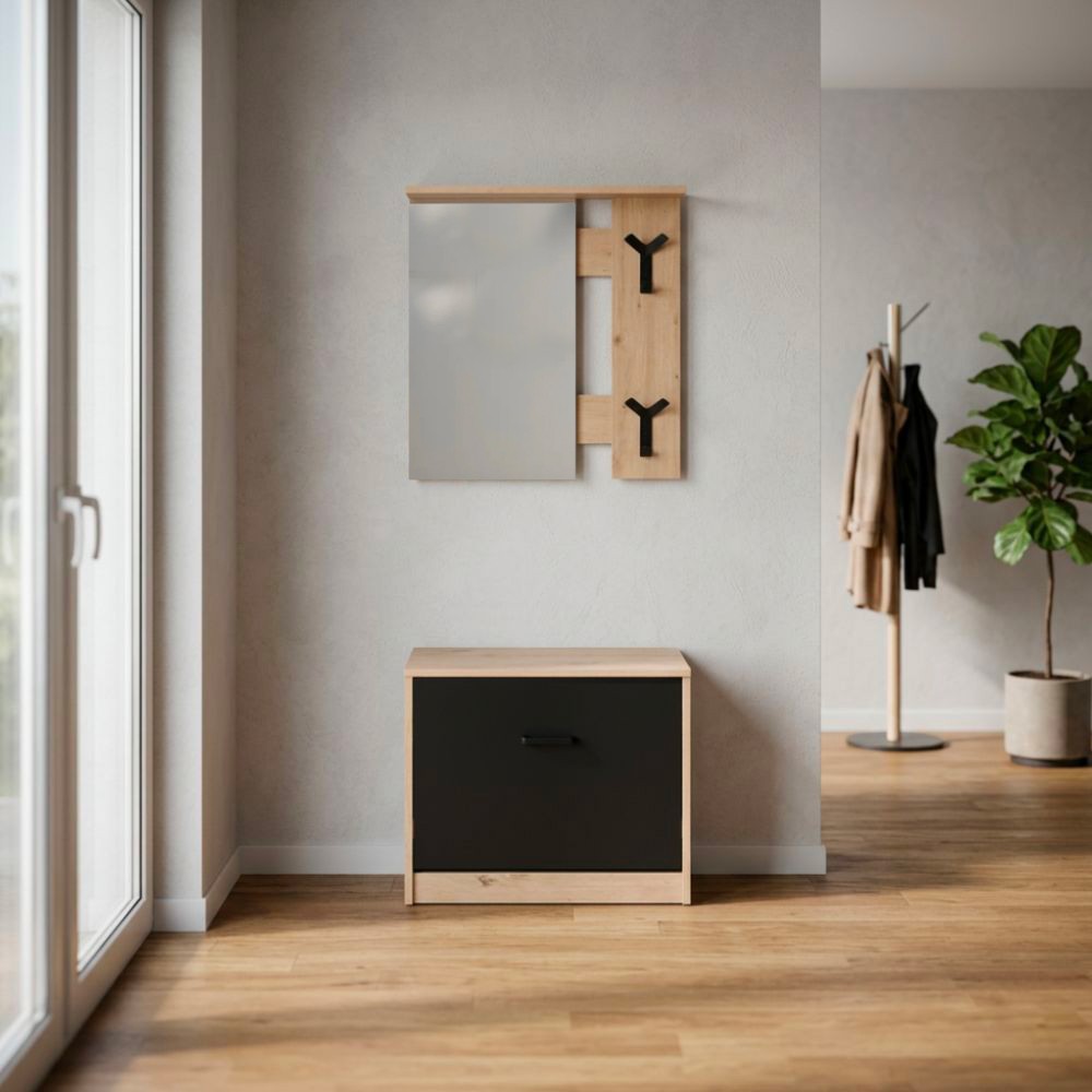 Mobile ingresso Limone41A con specchio ganci appendiabito e base scarpiera in rovere e nero