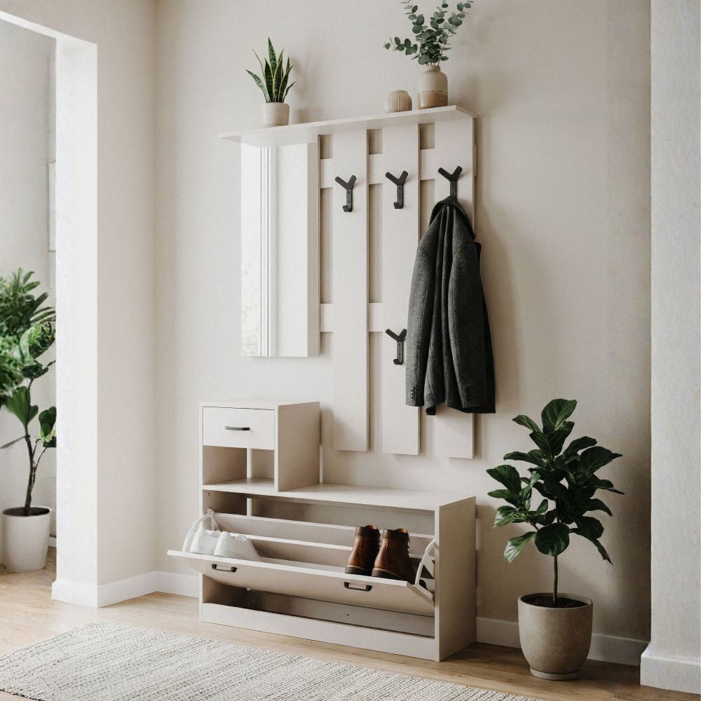 Mobile ingresso Rudolf con specchio ganci appendiabito e base scarpiera in beige