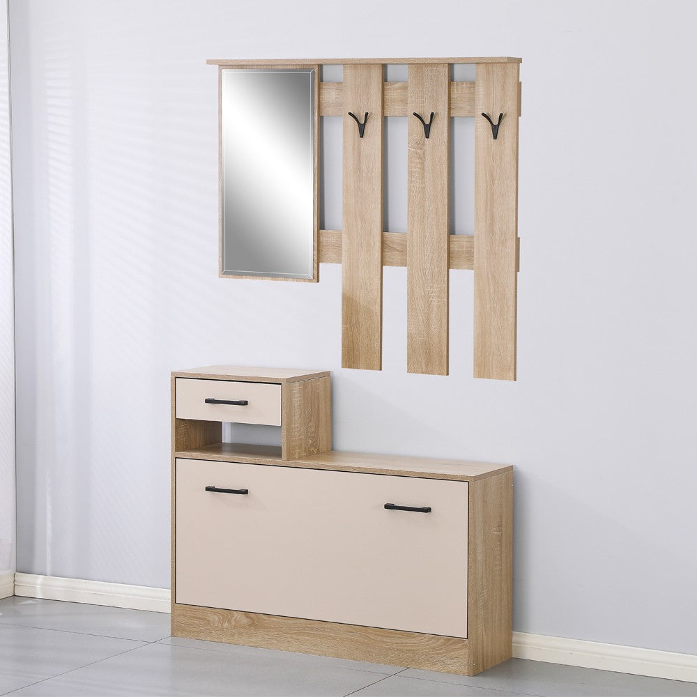 Mobile ingresso Rudolf XL con specchio e scarpiera colore rovere e beige