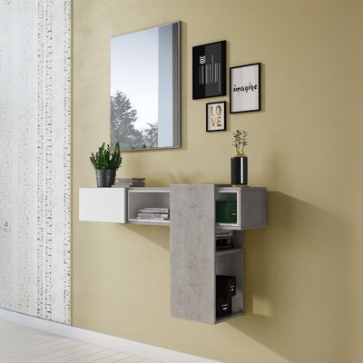 Mobile ingresso sospeso Mog con specchio colore cemento e bianco