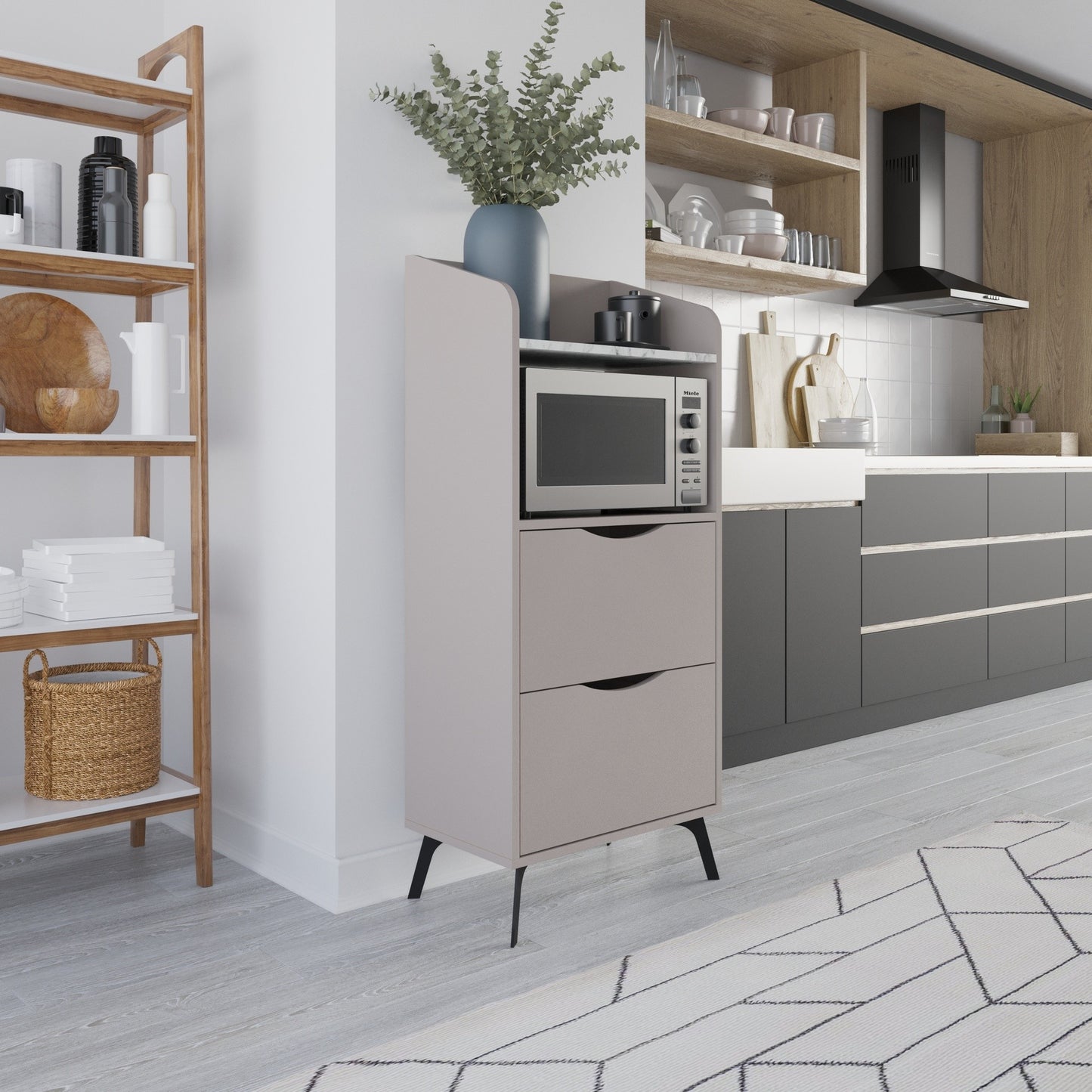 Mobile multiuso Gorki con cassetti tortora e ripiano carrara bianco