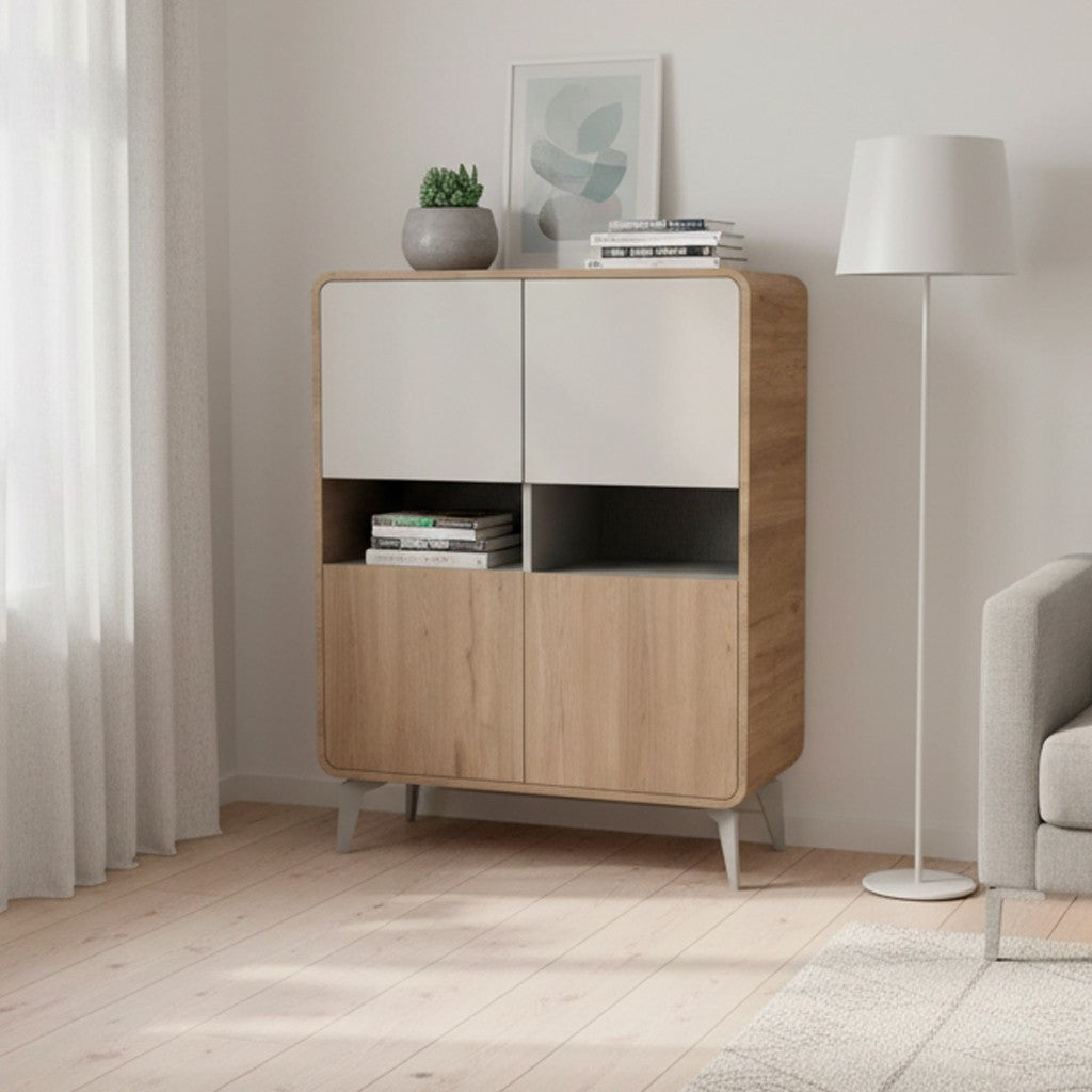 Mobile multiuso Nubo con 4 ante e 2 nicchie a giorno in struttura rovere sepet e ante cashmere