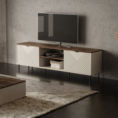 Mobile porta tv Mirage03 2 ante con motivo geometrico e nicchie a giorno cashmere e top rovere