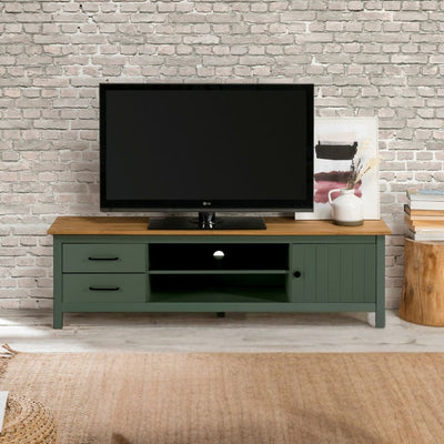 Mobile porta tv Miranda con 1 anta 2 cassetti e 2 vani a giorno in legno massiccio colore verde e top pino