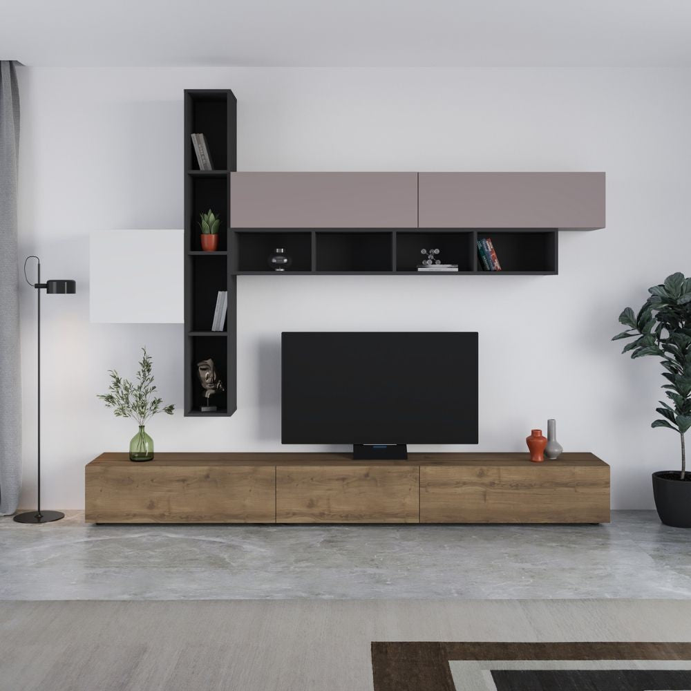 Parete attrezzata Fashion base colore hitit noce e pensili antracite, bianco e tortora  H 205x40x275 cm.