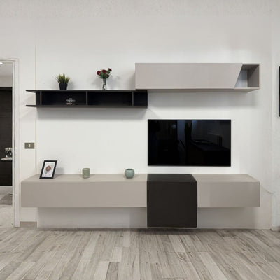 Parete attrezzata Glamour sospesa in cashmere e lava 262x30x200H cm.