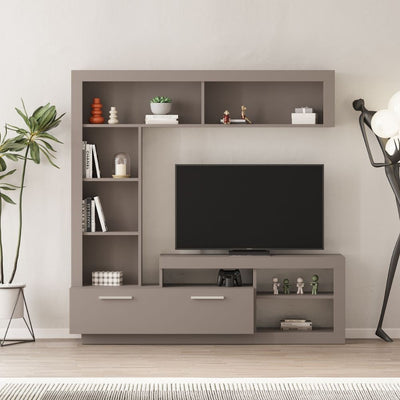 Parete attrezzata Leo con nicchia a giorno e anta a ribalta colore tortora