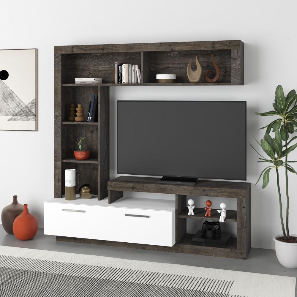 Parete attrezzata Leo con nicchie a giorno e anta a ribalta colore dark coffee e bianco