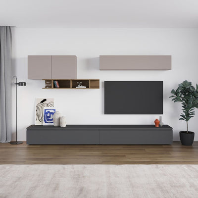 Parete attrezzata Monica colore antracite con dettagli tortora e hitit noce