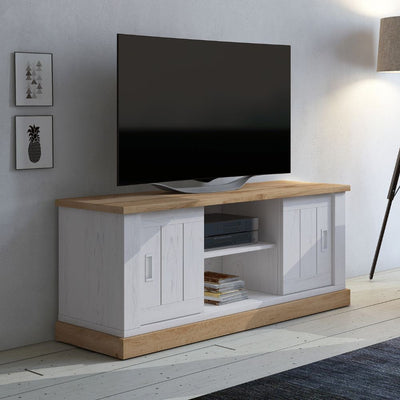 Porta tv Anthony III con 2 ante scorrevoli e vani a giorno colore rovere wotan e anderson pine stile shabby