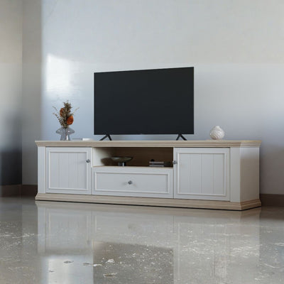 Porta tv Essenza 200 con 2 ante 1 cassetto e nicchia a giorno in colore bianco e dettagli rovere