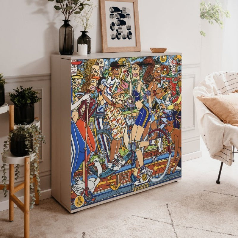 Scarpiera Move con 2 ante battenti decorate By Mauro Bergonzoli in stile pop art e 12 ripiani interni