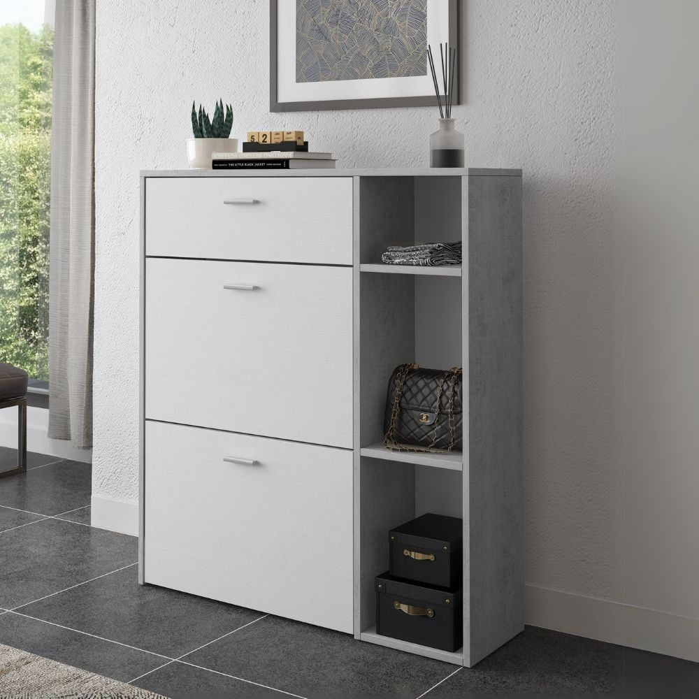 Scarpiera Takimi con 2 ante a ribalta 1 cassetto colore cemento e bianco