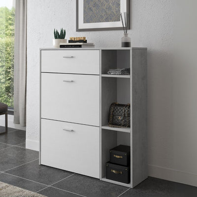 Scarpiera Takimi con 2 ante a ribalta 1 cassetto colore cemento e bianco