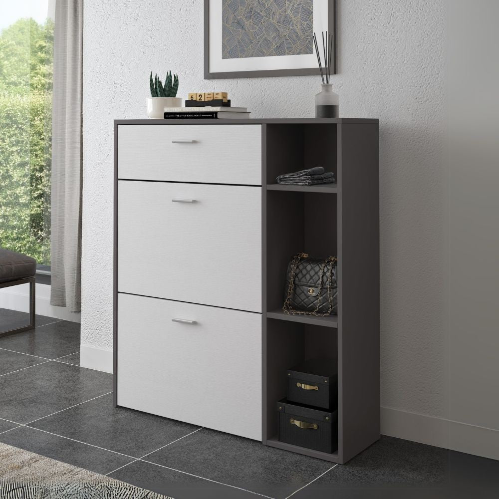 Scarpiera Takimi con 2 ante a ribalta 1 cassetto colore grafite e bianco