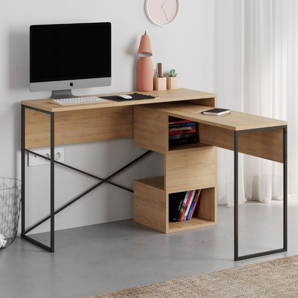 Scrivania espandibile Badau colore rovere e gambe in metallo nere 110x37.2x77 cm.