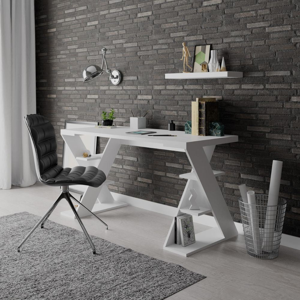 Scrivania Papillon con ripiani sulle gambe colore bianco