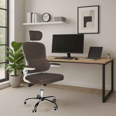 Sedia da ufficio ergonomica Vibes con struttura bianca e seduta in tessuto a rete tortora con base cromata