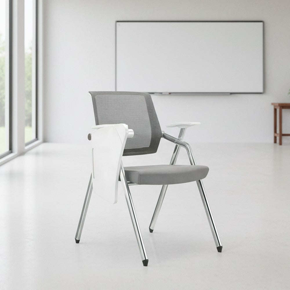 Sedia ufficio Loreto con tavolino ribaltabile, gambe in acciaio cromato e schienale in rete colore grigio e bianco