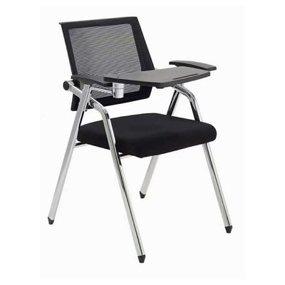 Sedia ufficio Loreto con tavolino ribaltabile, gambe in acciaio cromato e schienale in rete colore nero