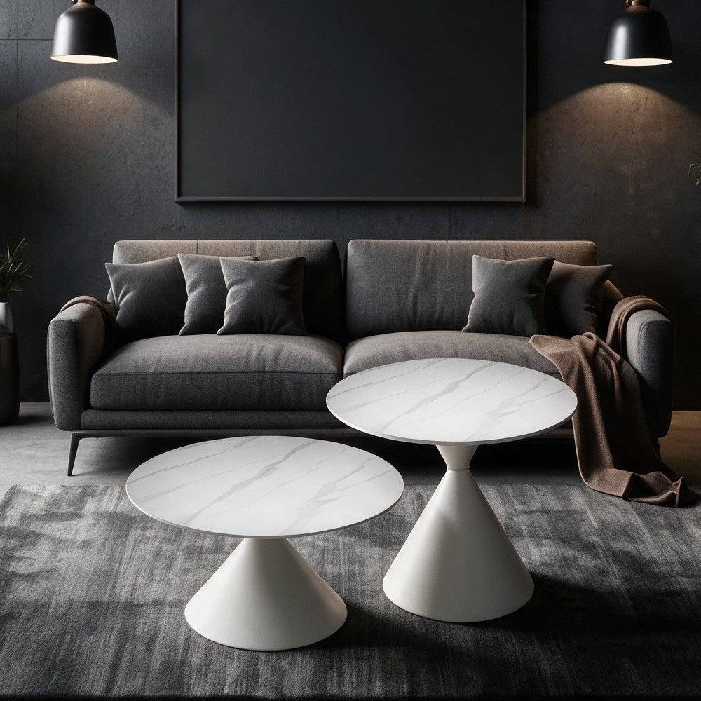 Set 2 tavolini da salotto basso Punto con piano effetto marmo bianco e gambe in metallo bianco