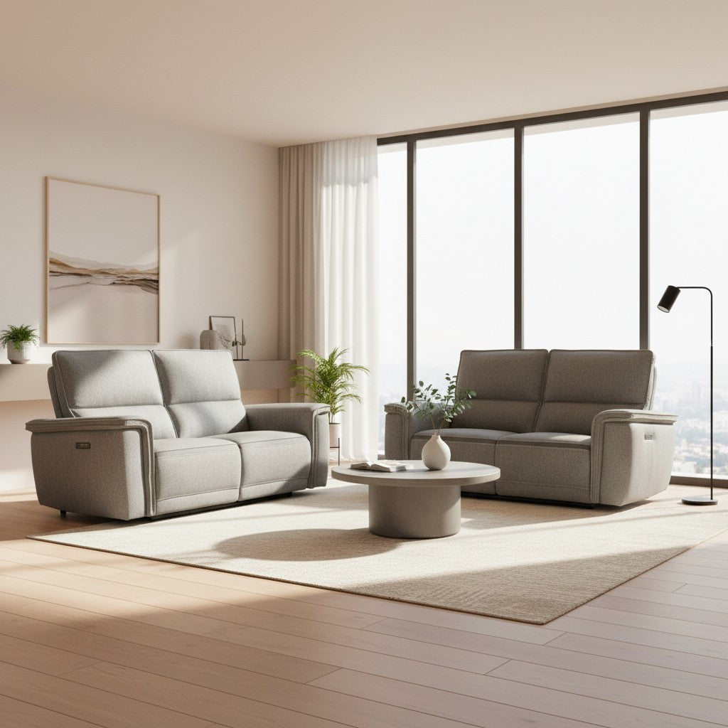Set divani recliner Velveta 2 e 3 posti elettrici in tessuto L008 grigio