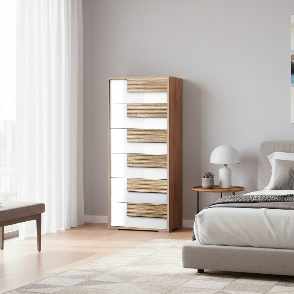 Settimino Selva 6 cassetti con struttura in rovere caramello e frontali bianco lucido