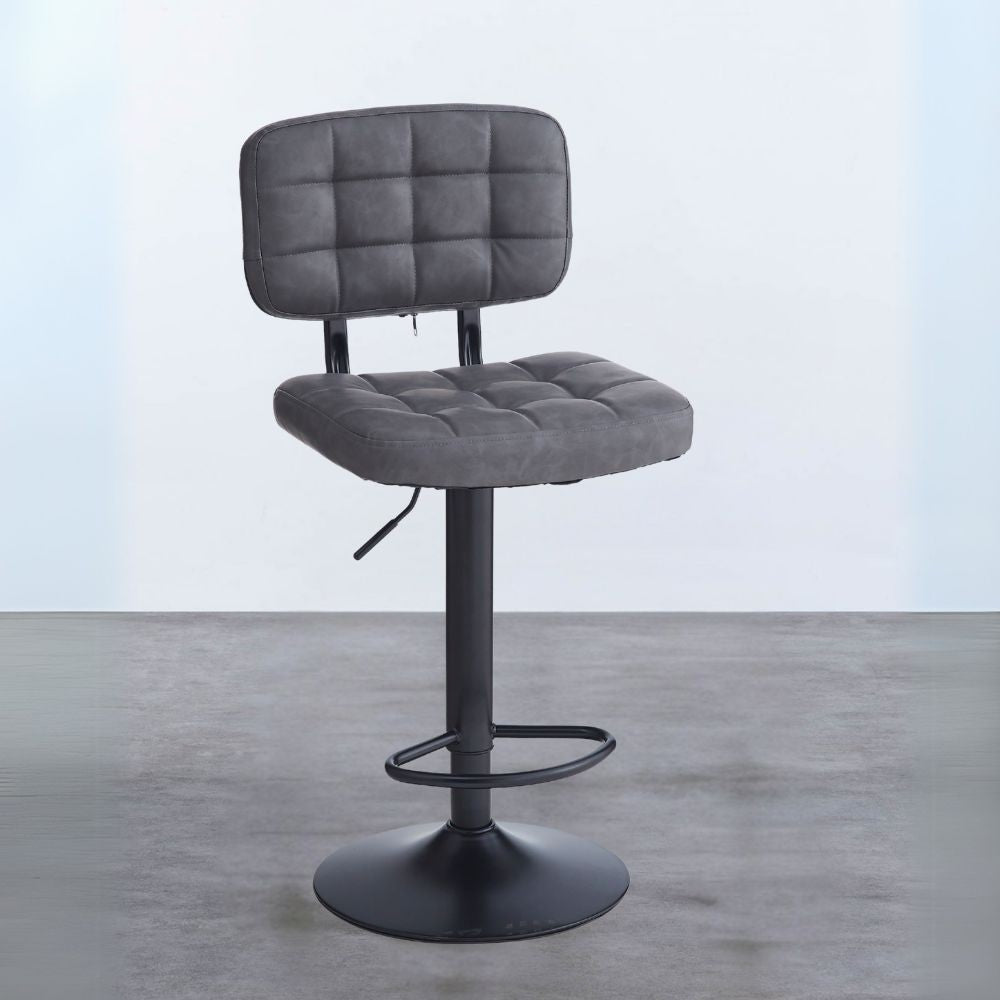 Sgabello Mavi con seduta e schienale in ecopelle grigio e gamba in metallo nero