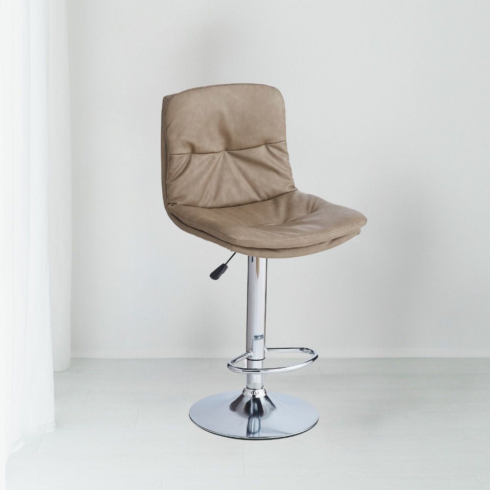 Sgabello Paco con seduta in ecopelle tortora e gamba in metallo inox