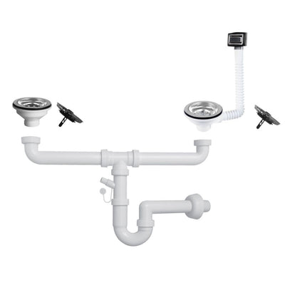 Sifone a 2 vie per lavelli in quarzo con pilettone eco e troppopieno rettangolare con griglia inox