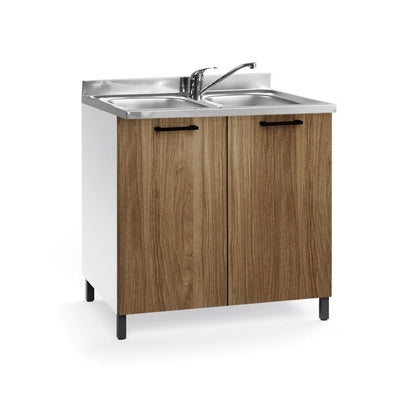 Sottolavello 80x50x85 H cm con due ante noce naturale e struttura bianca lavello incluso