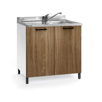 Sottolavello 80x50x85 H cm con struttura bianca e due ante noce naturale lavello incluso