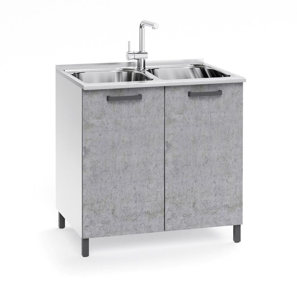 Sottolavello 80x50x85H cm con due ante cemento e struttura bianca lavello incluso