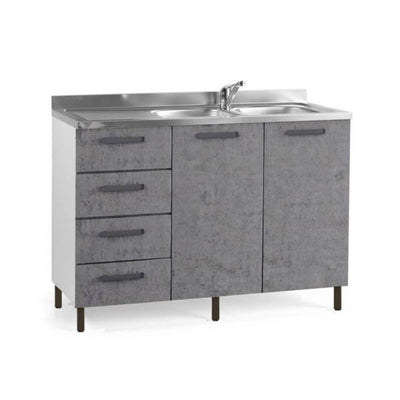 Sottolavello con cassettiera 120x50x85H cemento con lavello 2 vasche e gocciolatoio sinistro lavello incluso