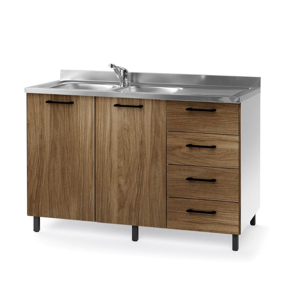 Sottolavello con cassettiera 120x50x85H cm con struttura bianca e ante noce naturale destro lavello incluso