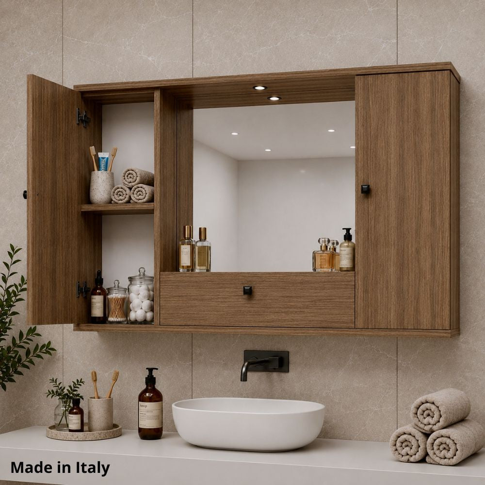 Specchiera bagno con 2 ante e ribalta colore noce naturale