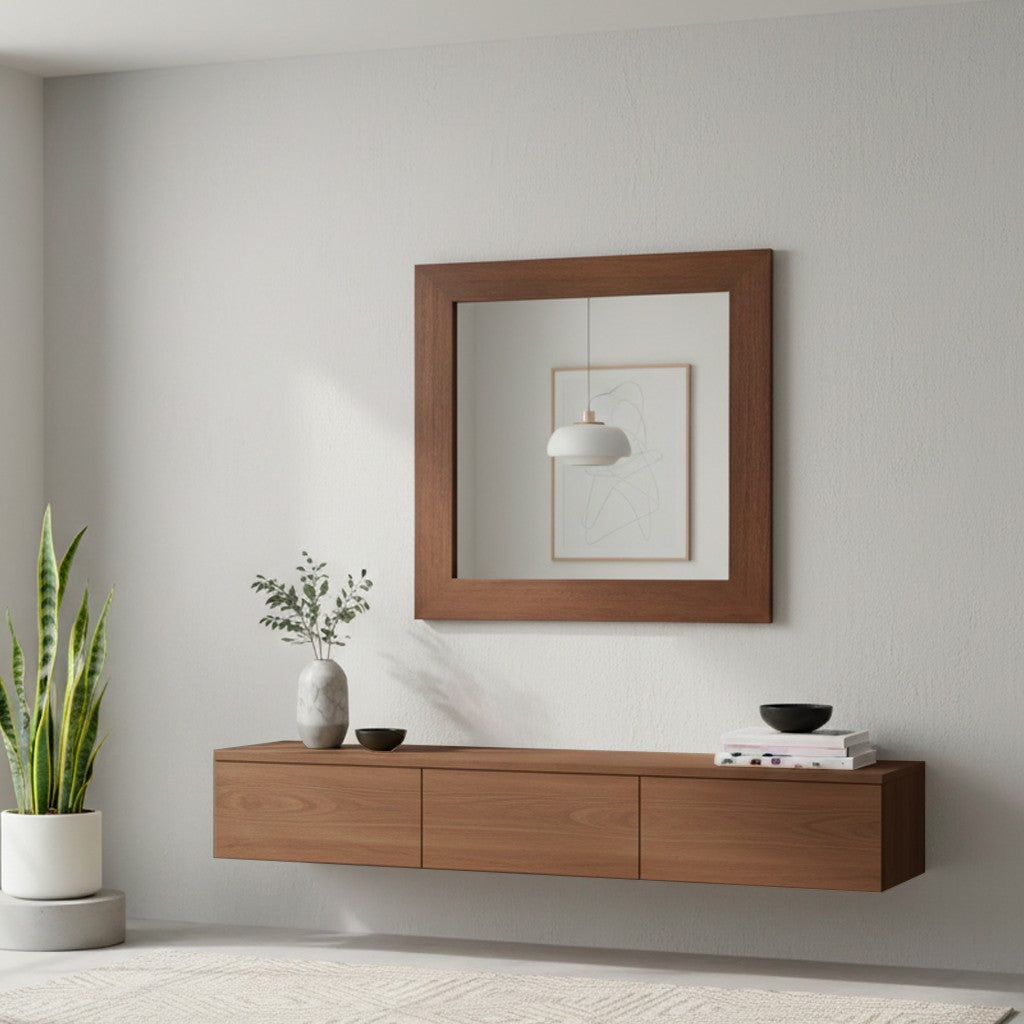 Specchiera quadrata Plana 90x90 cm con cornice in larice tabacco