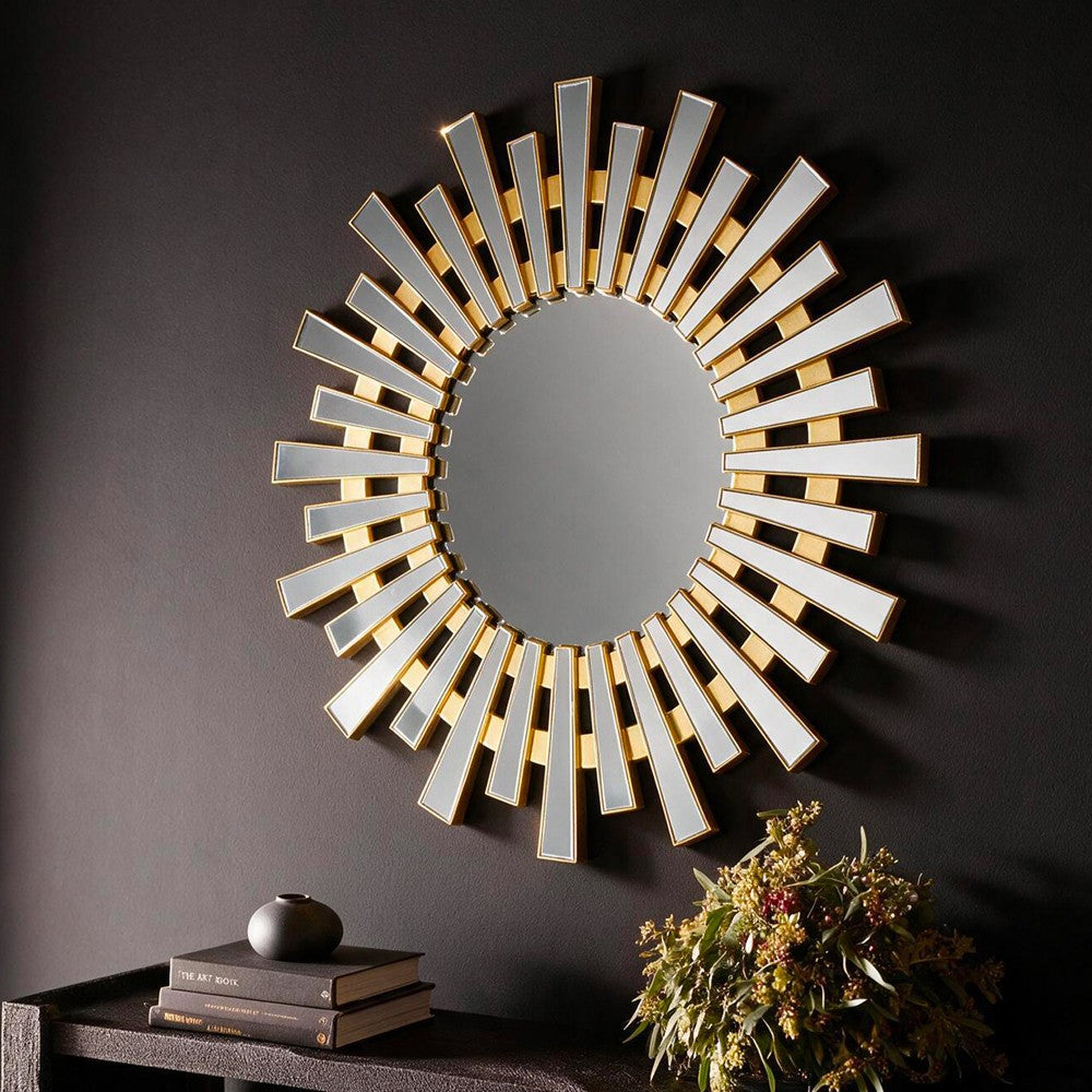 Specchio decorativo da parete MRTDYY20217GOLD rotondo con cornice a raggiera con elementi in oro e vetro specchiato