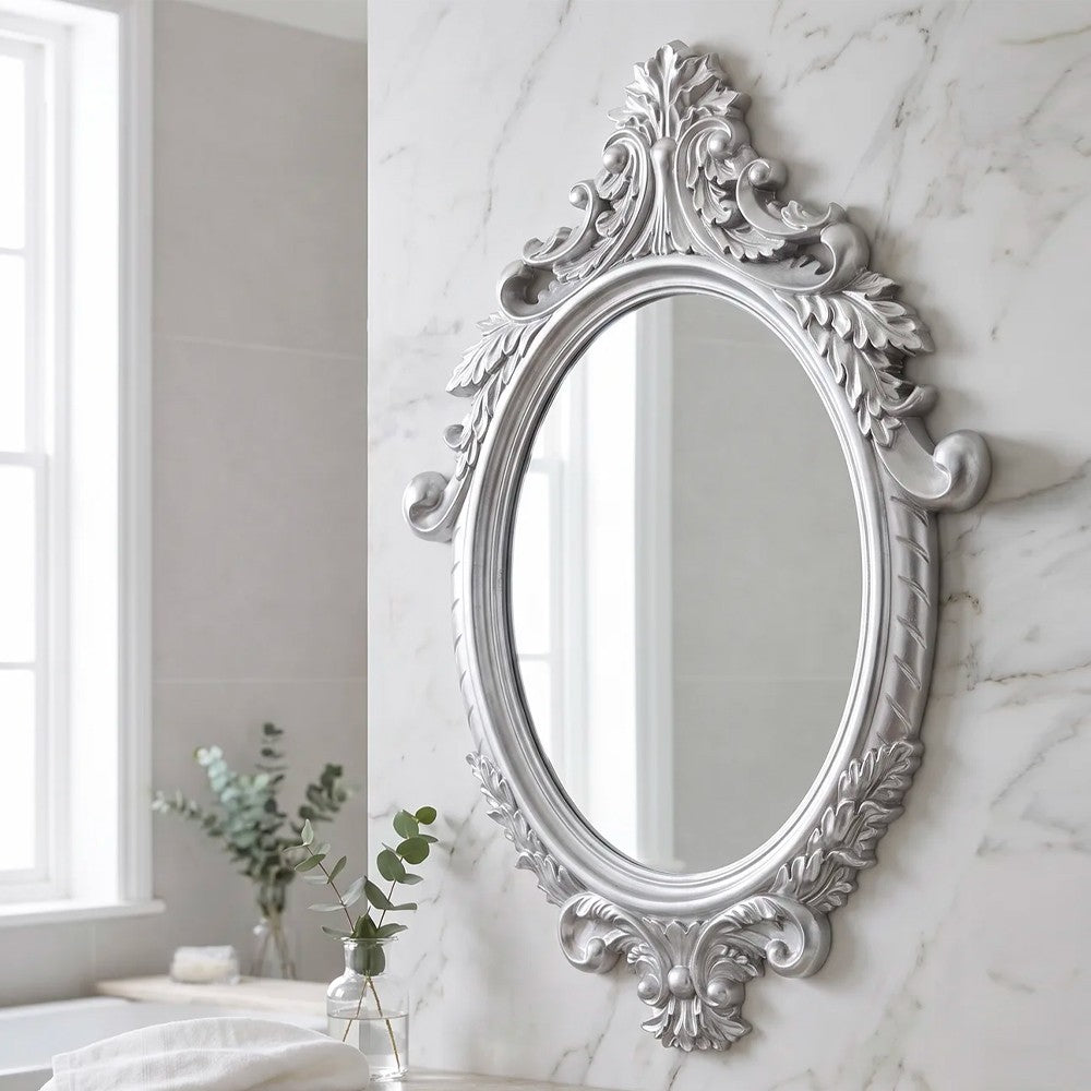 Specchio decorativo ovale da parete MR8360 con cornice in stile barocco silver 60x81 cm.
