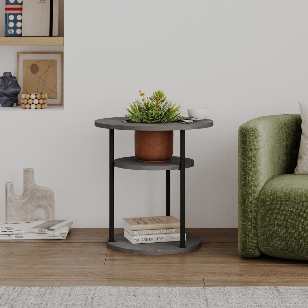 Tavolino da salotto Grova con ripiani circolari regolabili con apertura centrale retro grey