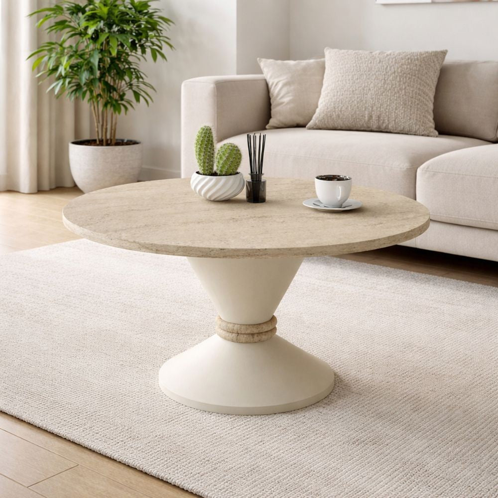 Tavolino da salotto Lepper con piano travertino e base cashmere